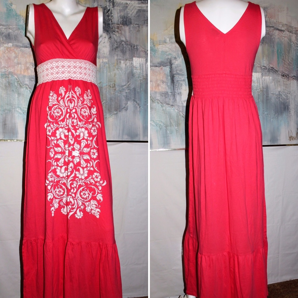 Currants Pink Coral Maxi Dress w/White Lace  Embroidery (M)